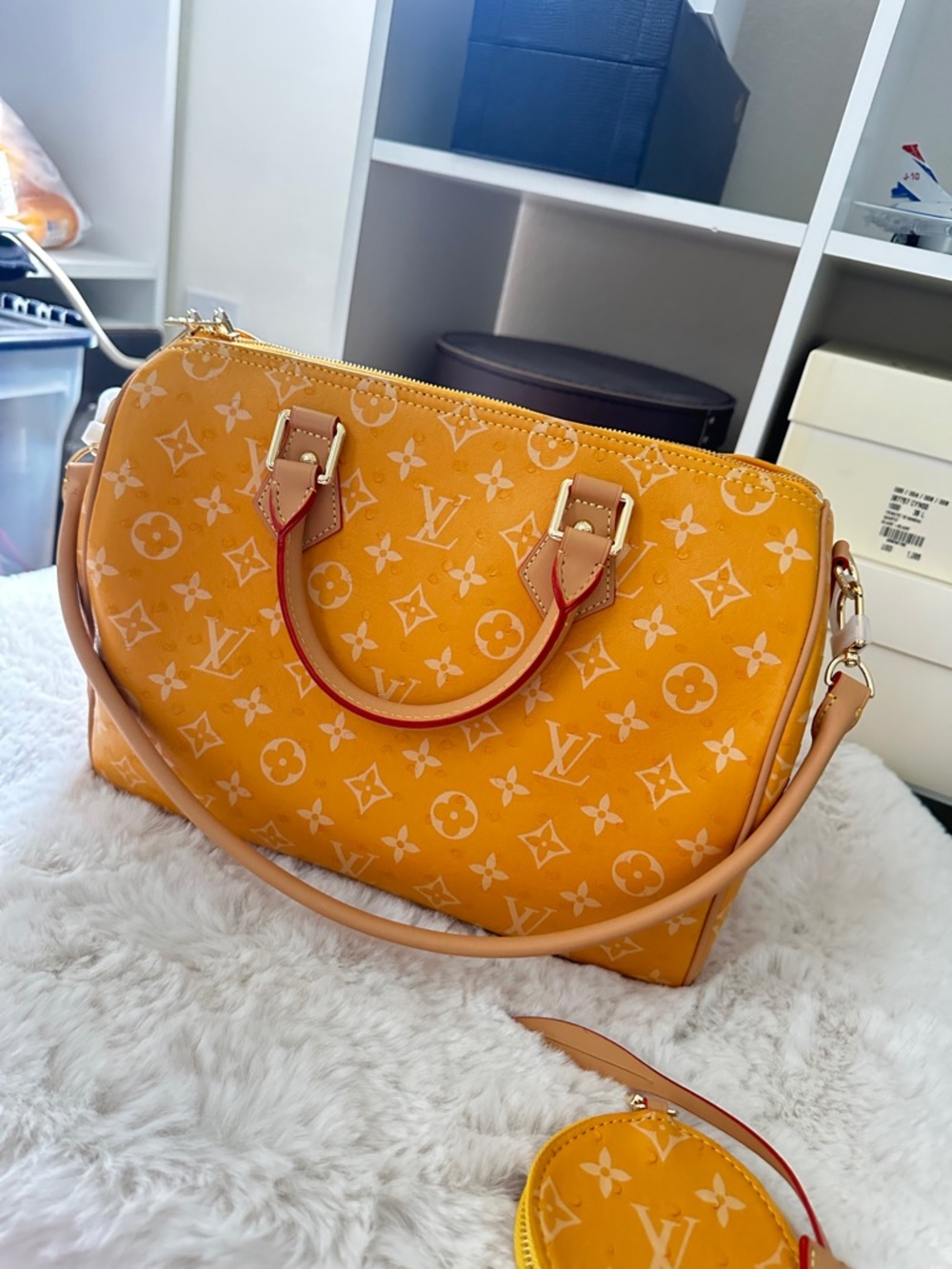 Yellow Monogram 30cm Satchel dual Handles Ostrich embossed Genuine Soft Leather